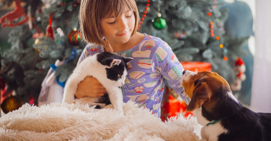 young girl sitting by the tree with her pet cat and pet dog