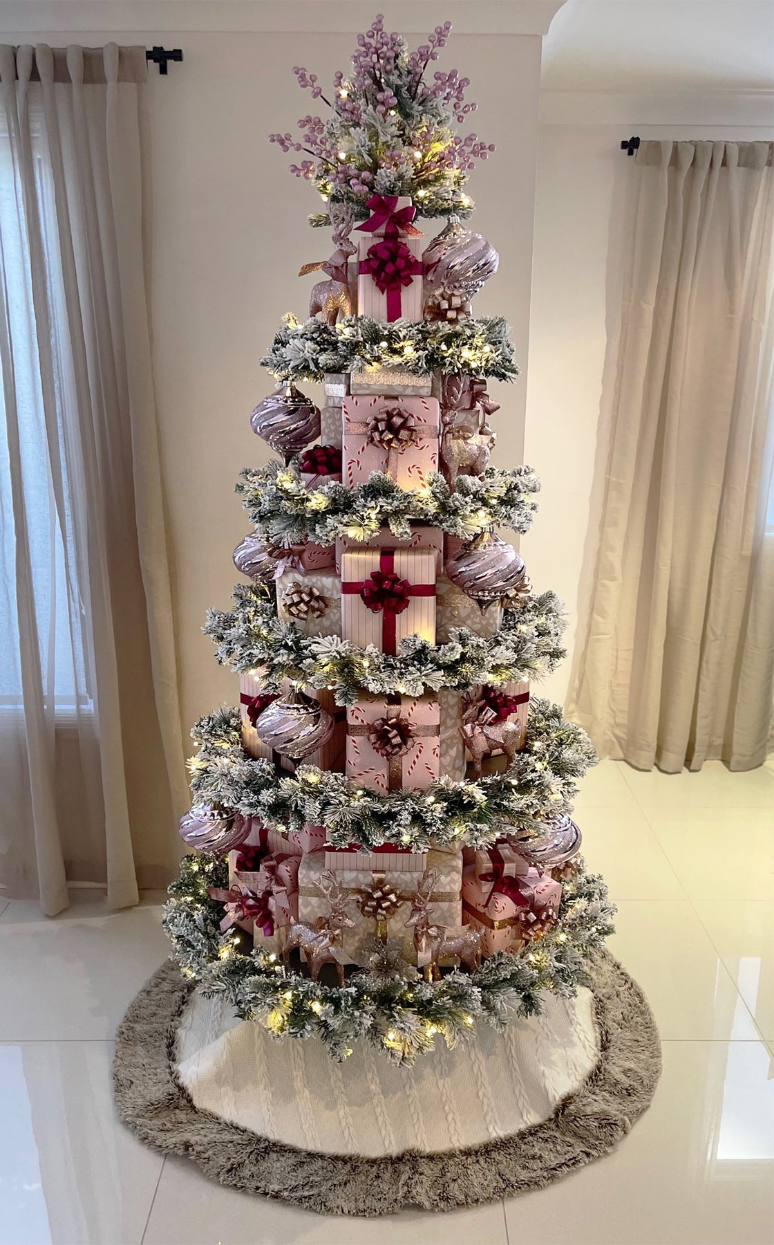 7ft Premium Multi-tiered Christmas Tree with LED Lights, Adjustable Platforms & Metal Stand
