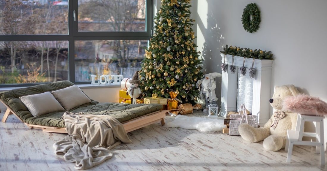 huge christmas tree in large bedroom 