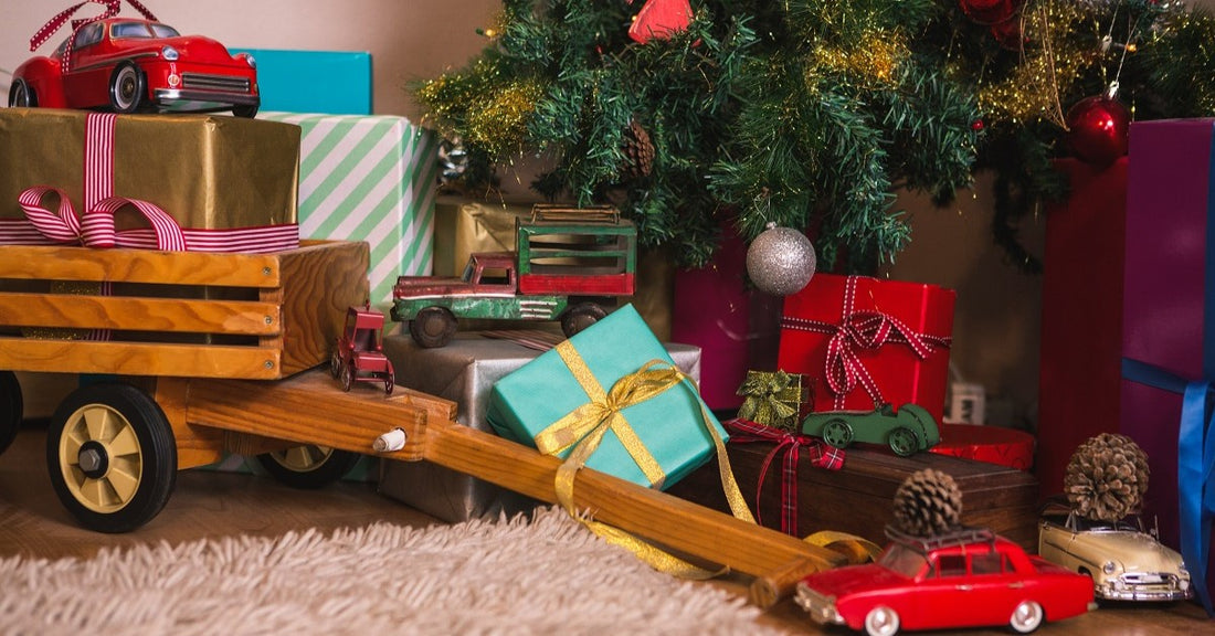 Christmas tree on a plastic stool with a tree skirt draped around it